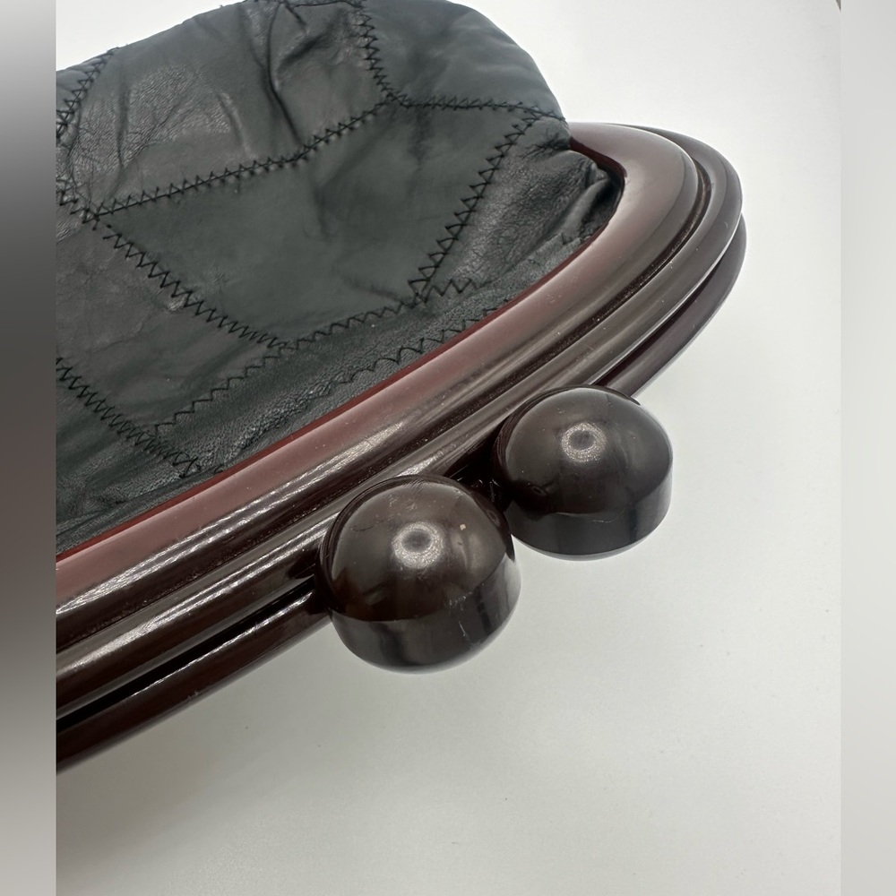 Vintage Leather Patchwork Clutch Purse Bag with Acrylic closure Black - Picture 3 of 8